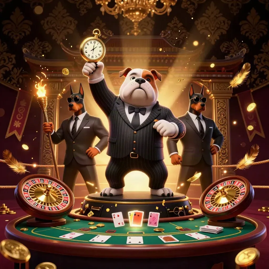 Tre maffiabulldoggar i casinojackor bland guld, ljusstrålar och en snurrande roulette.