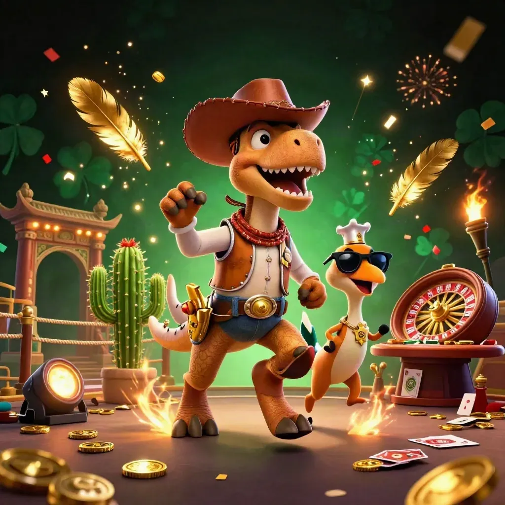T-Rex cowboy, kaktus och roadrunner i lyxigt casino med guld, emerald och magiska effekter