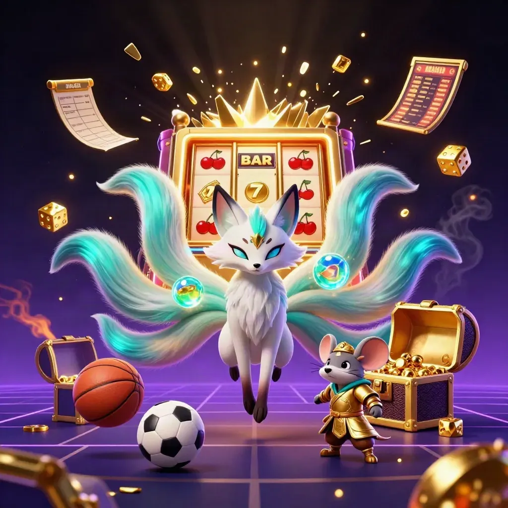 Neonfox och samurajmus vid spelmaskin, bollar och guld i dramatisk rök.