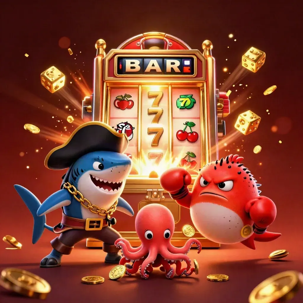 Tre figurer i en kaotisk skattjakt: hajpirat, arg fisk och babybläckfisk med guld och slotsexplosion.