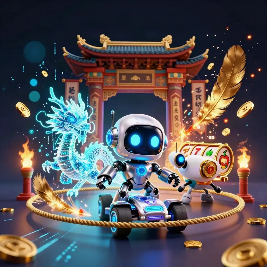 Robot, holografisk drake och drönare i cyanljus bland guld, tempel och slottsymboler.