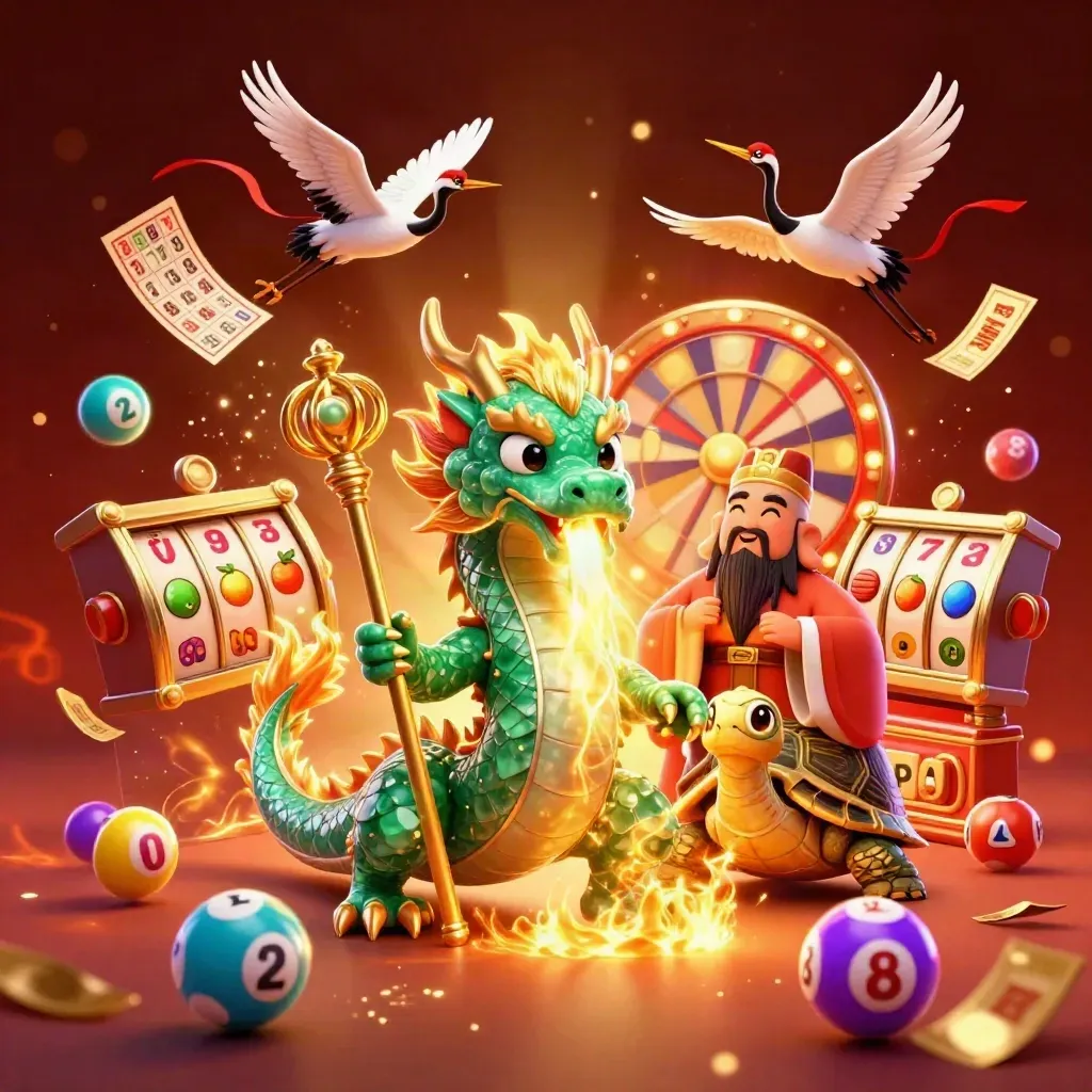 Jadefärgad drake, sköldpadda och tranor i en glödande casinascen med spelprylar