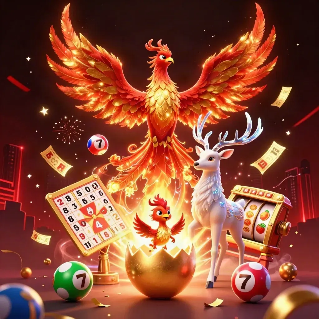 Tre mytiska casinodjur bland guld, bonusmynt och eld mot mörk skyline.