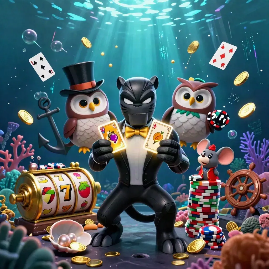 Svart panter, uggla och mus i undervattenscasino med neon, mynt och slotdetaljer.